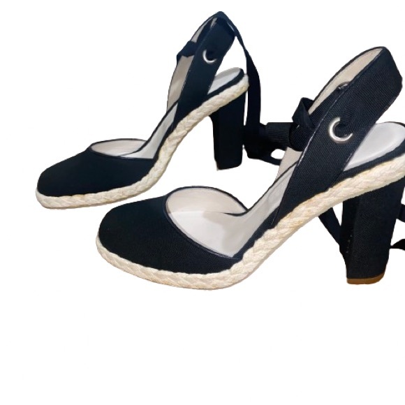 Marc Jacobs Black Linen High Heel Espadrilles with Ankle Wrap Size 6.5 Slingback - Picture 4 of 16